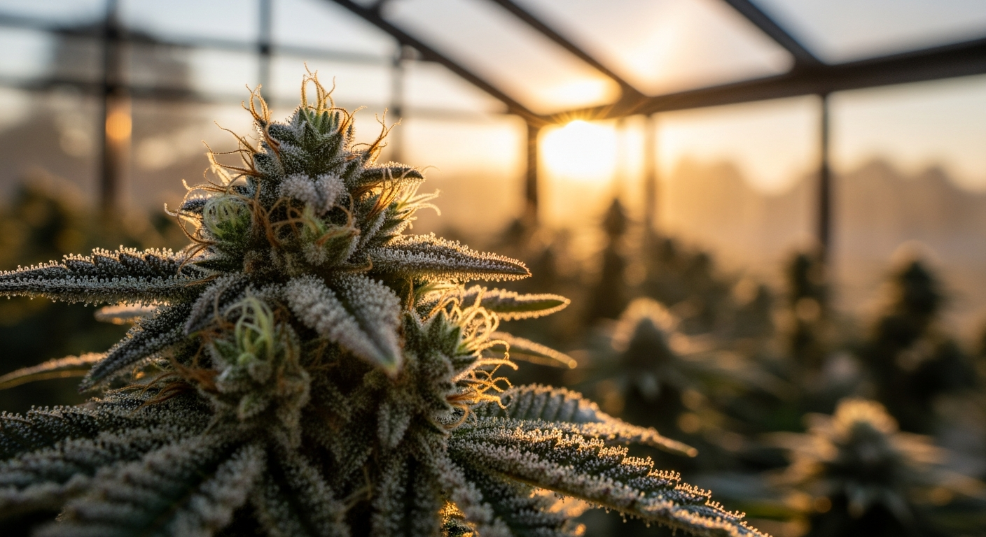 Fleurs CBD greenhouse cultivées sous serre contrôlée avec éclairage optimal